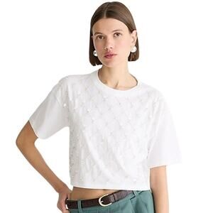 NWT J.Crew White Sequin Cropped Cotton Tee Shirt Size L